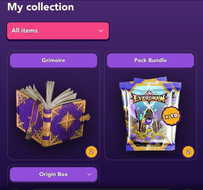 A 'My collection' screen showing a Grimoire (quantity 2), an Origin Box, and an Everdraw Pack Bundle of 10 (quantity 2).