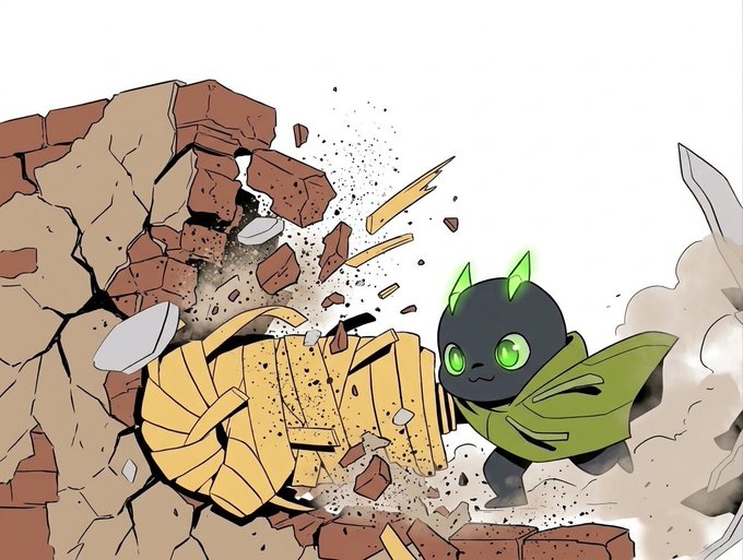 An anime-style illustration of a small black creature with green eyes and green cape (resembling the Binance mascot 'Binance Kid') smashing through a brick wall, with the Binance logo breaking apart in the impact.