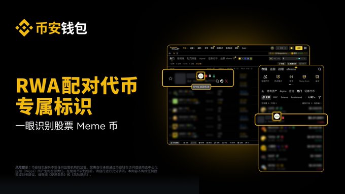 Binance Wallet ("币安钱包") promotes its new RWA paired token identification feature with the slogan "RWA配对代币专属标识" (Exclusive Icons for RWA Paired Tokens) and "一眼识别股票 Meme 币" (Spot stock meme coins at a glance), showing screenshot previews of the icons on token ranking pages. The feature highlights tokens like NVDAB and TSLAB, which are paired with real-world assets (stocks), making them easily distinguishable on popular rankings, Meme Rush, and token detail pages within the Binance Wallet interface.