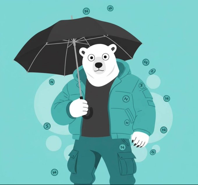 A cartoon illustration of a polar bear wearing a teal jacket and holding a black umbrella, surrounded by floating crypto coin icons on a turquoise background.