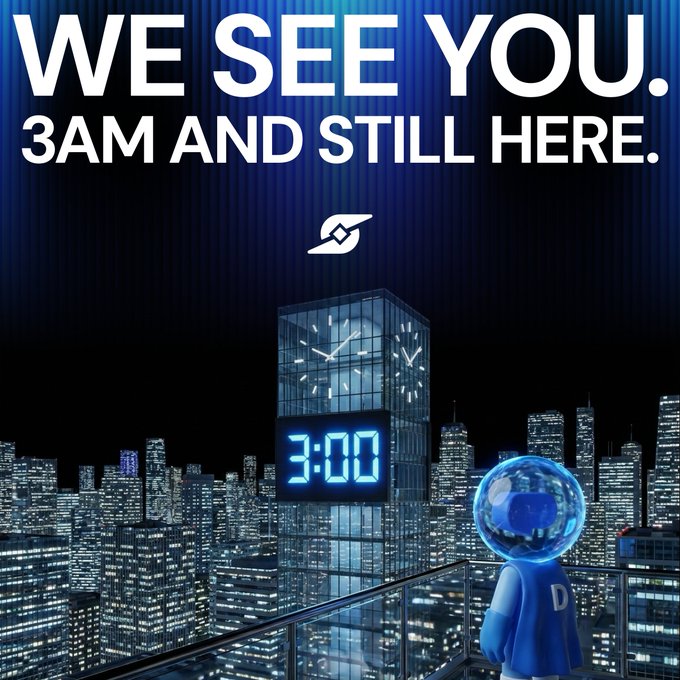 A digital artwork of a blue figure with a transparent dome head standing on a balcony overlooking a city at night, with a large clock showing '3:00' and the text 'WE SEE YOU. 3AM AND STILL HERE.'