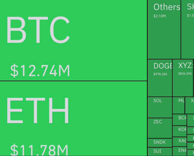 A treemap visualization showing cryptocurrency liquidation values, with BTC leading at $12.74M and ETH at $11.78M, alongside smaller positions in DOGE ($978.20K), XYZ ($836.59K), SOL, ZEC, SNDK, and others, illustrating the breakdown of the $200M+ in long position liquidations across the crypto market in 24 hours.