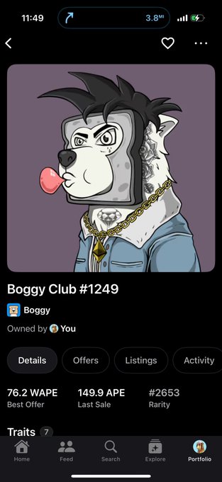 A mobile app screenshot of an NFT collection called 'Boggy Club #1249' showing a cartoon dog with a bone bubble and gold chain, listing stats like 76.2 WAPE, 149.9 APE, and rarity #2653.