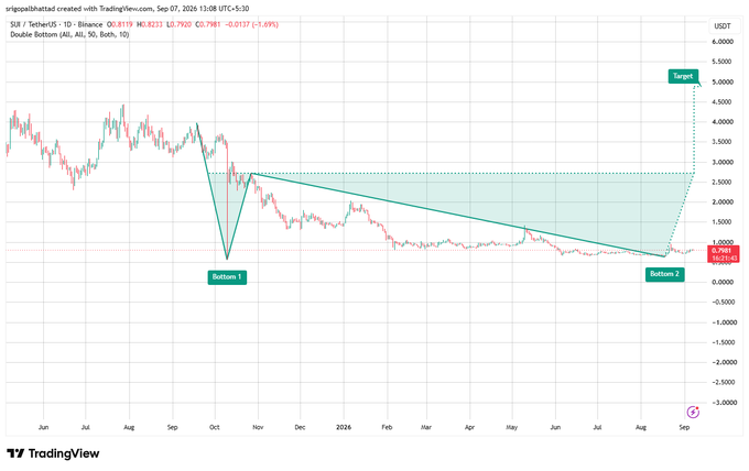 A daily candlestick chart of **$SUI/USDT on Binance** displays a textbook double bottom pattern, with two lows formed near the **$0.60–$0.70 support zone** ("Bottom 1" in October and "Bottom 2" in late August 2026), connected by a neckline resistance around **$2.70** (current price: $0.8219). The chart highlights a projected bullish move toward a **$5.00 target** if price breaks above the neckline, aligning with the post's thesis of a potential momentum shift for bulls.