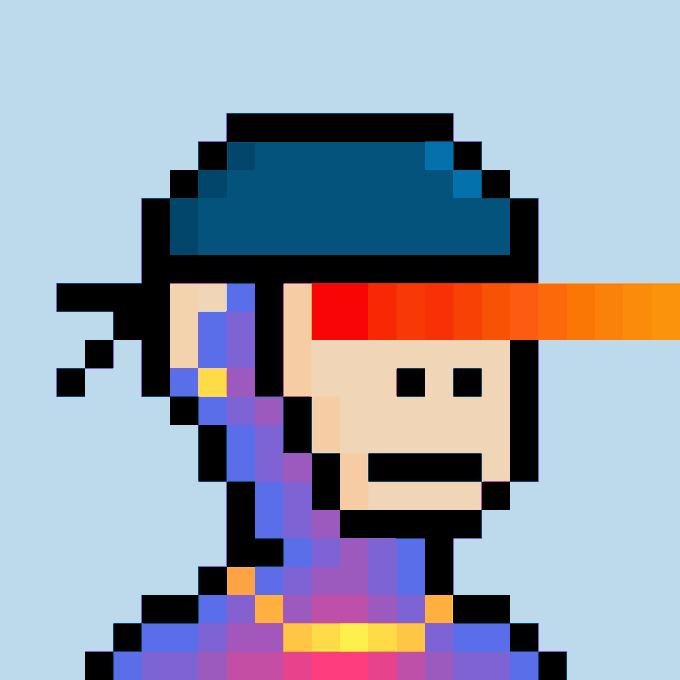 A pixel art illustration of a character wearing a blue helmet and red goggles, with rainbow-colored pixel details on the side, set against a light blue background.