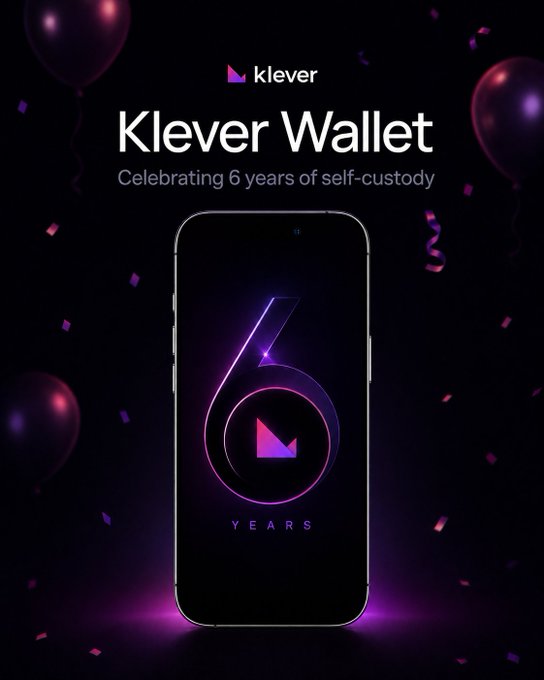 A promotional graphic for 'Klever Wallet' celebrating '6 years of self-custody', featuring a smartphone displaying a glowing '6 YEARS' logo surrounded by floating balloons against a dark background.