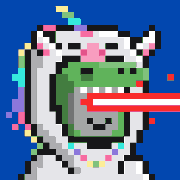 A pixel art image of a green dinosaur character wearing a unicorn hoodie, with a red and white streak shooting out of its mouth against a dark blue background.