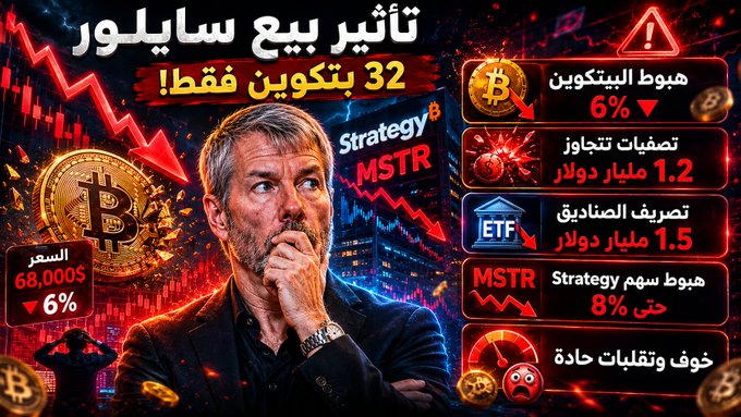 The image features a man with grey hair, wearing a black suit, who appears to be deep in thought or contemplating something. The background of the image is dark red, which contrasts with the man's grey hair. In the foreground, there are several coins scattered around, and the text "مسح عشرات المليارات (تصل إلى 80-130 مليار دولار هبوط سهم $MSTR حتى 8٪ خوف وتقلبات حادة : مسح عشرات المليارات (تصل إلى 80-130 مليار دولار) من إجمالي السوق، مع تراجع عام في الألتكوينز بنسب". The image is accompanied by a caption in Arabic, which translates to "The man has grey hair and is deep in thought."