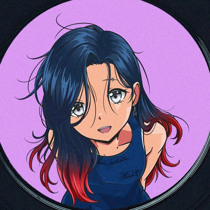 An anime-style illustration of a girl with dark blue hair tipped in red, wearing a dark tank top, set against a purple circular background.