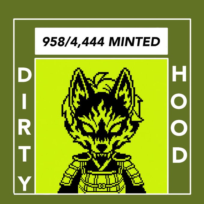 A pixel-art NFT-style graphic of a fierce green and black wolf or canine character, labeled 'DIRTY HOOD' on the sides and '958/4,444 MINTED' at the top.