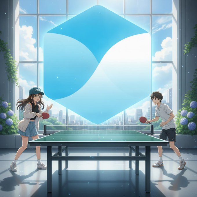 An anime-style illustration shows a boy and girl playing table tennis in a sunlit room, with a large glowing blue Microsoft logo floating above the table.