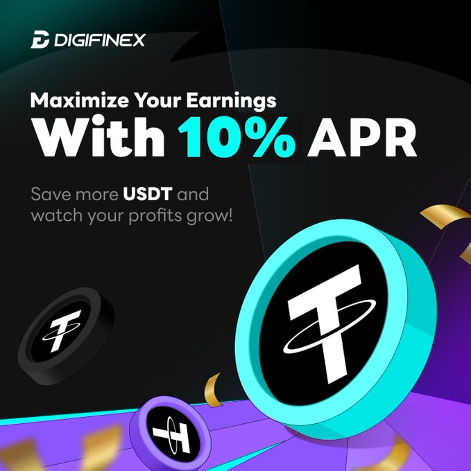 A digital advertisement for DIGIFINEX promoting savings with '10% APR', featuring 3D renderings of teal and purple Tether (USDT) coins against a dark background.