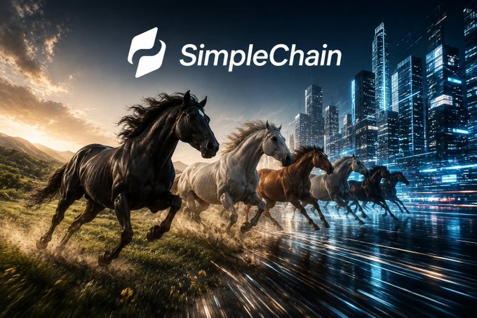 A promotional image for SimpleChain showing galloping horses transitioning from a natural landscape into a futuristic cityscape.