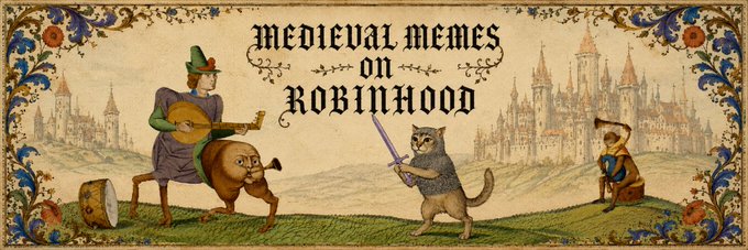 A banner for the "Medieval Memes on Robinhood" community features whimsical medieval-themed illustrations including a lute-playing man riding a creature, a cat wielding a sword, and a knight, all set against a backdrop of castles with the "$MEDIEVAL" token reference tying it to the Robinhood community.