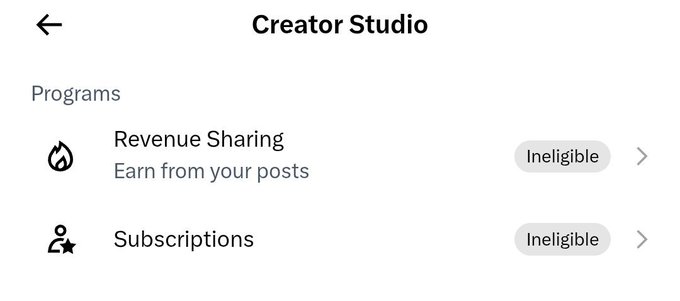 Screenshot of a Creator Studio interface showing both Revenue Sharing and Subscriptions programs marked as 'Ineligible'.