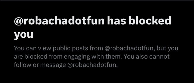 A screenshot showing the message '@robachadotfun has blocked you' with text explaining that public posts can be viewed but engagement and messaging are restricted.
