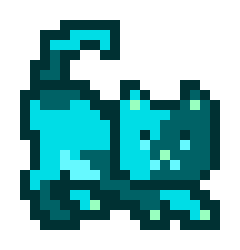 A pixel art sprite of a teal and dark blue creature with a curled tail and small green accents.