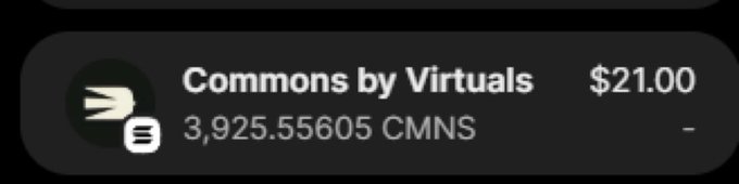 A dark-themed cryptocurrency interface displaying 'Commons by Virtuals' with a value of $21.00 and a balance of 3,925.55605 CMNS tokens.