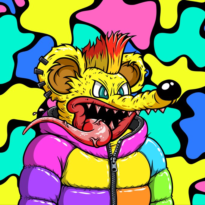 A vibrant, cartoon-style illustration of a yellow rat-like creature wearing a colorful puffer jacket, sticking out a tongue against a chaotic, brightly colored abstract background.