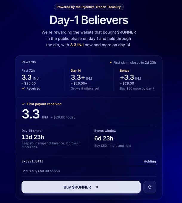 A 'Day-1 Believers' rewards dashboard for the Injective Trench Treasury, detailing payouts in INJ for holding the $RUNNER token, with a current received amount of 3.3 INJ.