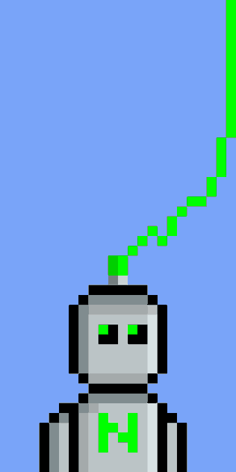 A pixel art robot with green eyes and an 'H' on its chest against a blue background, with green pixels rising from its head.
