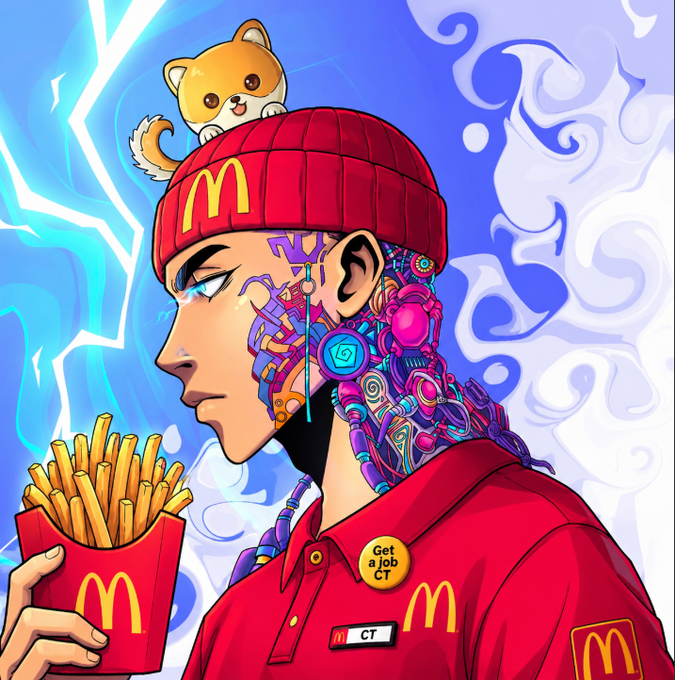 The image features a man with tattoos and piercings wearing a red shirt that has "Get a job" written on it. He is holding a box of fries from McDonald's. The background shows a blue sky with white clouds, and there are two lightning bolts in the top left corner of the image. The post reads: "GM CT, fried week ahead".