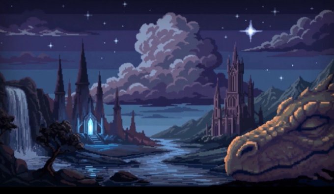 A pixel art scene showing a fantasy landscape at night with a glowing spired castle, a river, mountains, and a large dragon head in the foreground under a starry sky.