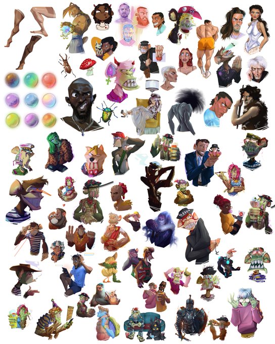 A collection of various cartoon and digital art character illustrations, including stylized humans, creatures, and creatures like beetles, displayed together.