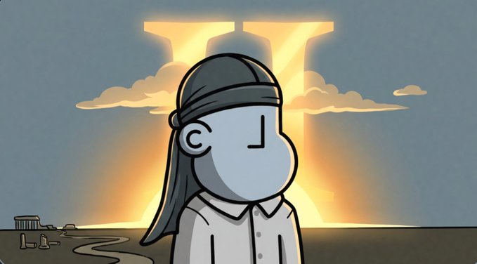 A stylized cartoon figure wearing a cap stands before a glowing "X" emblem against a sunset backdrop, symbolizing the enduring strength and futuristic vision of the X project referenced in the post.