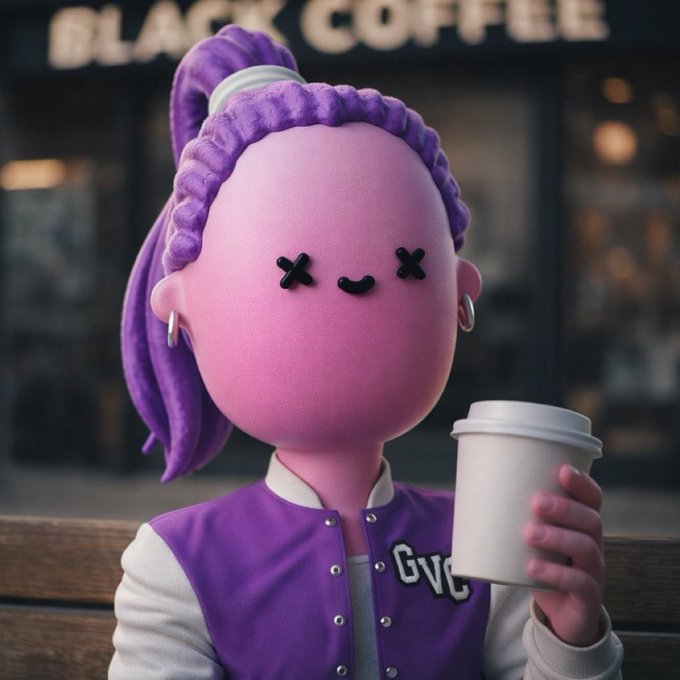 A 3D-rendered cute pink character with a purple ponytail, X-shaped eyes, and a small smile, wearing a purple and white varsity jacket with 'GVC' on it, holding a white coffee cup with a 'BLACK COFFEE' sign visible in the blurred background.