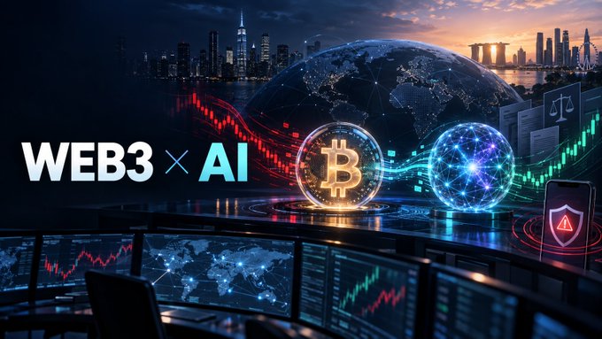 Futuristic graphic promoting 'WEB3 × AI' featuring a glowing Bitcoin symbol and AI network nodes against a cityscape and holographic globe.