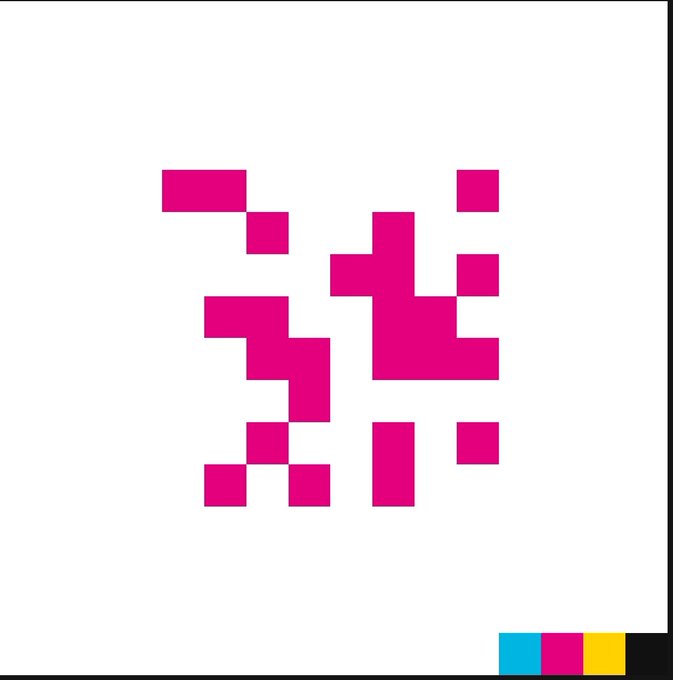 A pixelated magenta "X" character formed from blocky squares on a white background, accompanied by a small color palette in the bottom-right corner showing cyan, magenta, yellow, and black—likely representing a low-value, procedurally generated NFT tied to the credit that sold for $5,379.