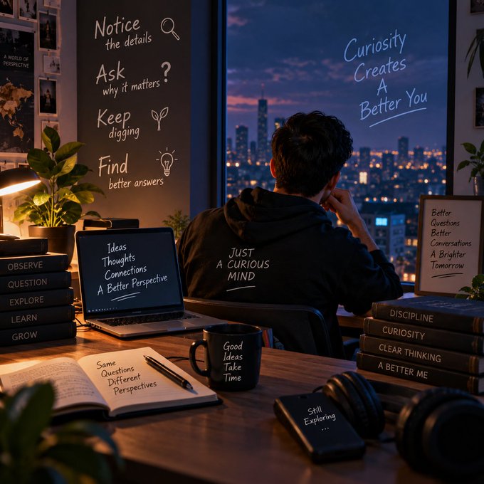 A motivational scene of a person looking out at a city skyline at night, with inspirational text including 'Curiosity Creates A Better You', 'Notice the details', 'Ask why it matters?', 'Keep digging', 'Find better answers', and 'Just A Curious Mind'.
