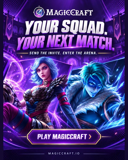 A vibrant purple gaming advertisement for MagicCraft displays "YOUR SQUAD. YOUR NEXT MATCH." and "SEND THE INVITE. ENTER THE ARENA." with a "PLAY MAGICCRAFT" button and the URL MAGICCRAFT.IO.