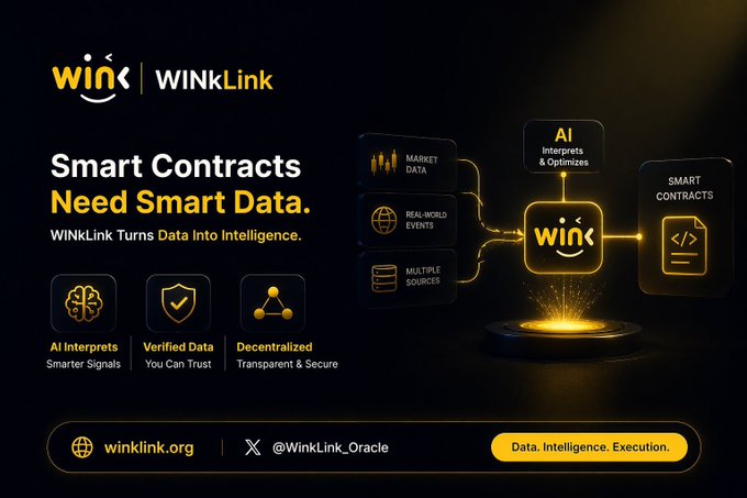 WINLink promotional graphic with the tagline "Smart Contracts Need Smart Data" and subtitle "WINkLink Turns Data Into Intelligence," featuring a flow diagram showing AI interpreting market data, real-world events, and multiple sources into smart contracts, alongside icons highlighting AI-driven signals, verified data, and decentralized security, with links to winklink.org and @WinkLink_Oracle.