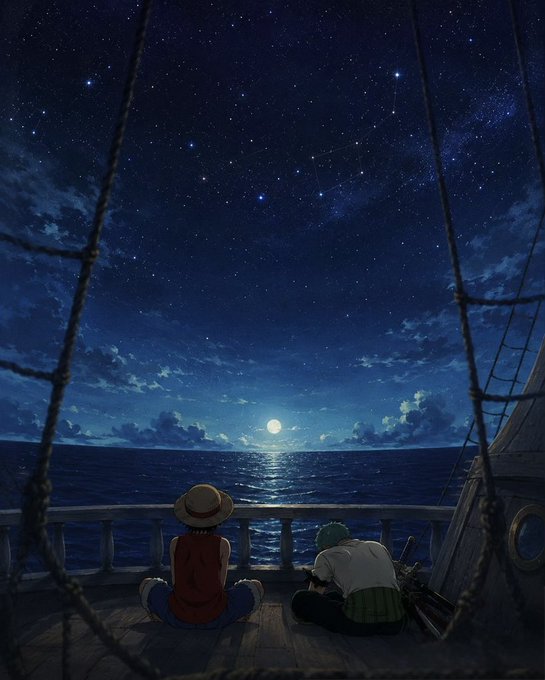 An anime scene depicting two characters sitting on the deck of a ship at night, gazing at a starry sky and the moon reflecting over the ocean.