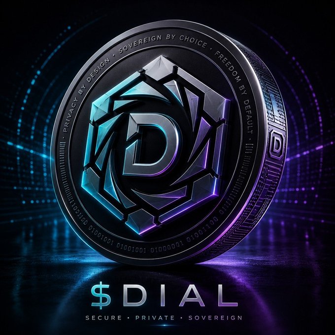 A 3D render of a coin featuring the 'DIAL' logo, with text reading 'SECURE · PRIVATE · SOVEREIGN' and the words 'PRIVACY BY DESIGN · SOVEREIGN BY CHOICE · FREEDOM BY DEFAULT' around its edge.
