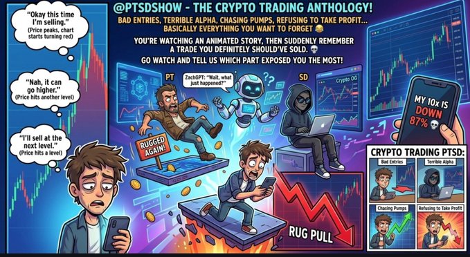 A cartoon illustration from "@PTSDSHOW - THE CRYPTO TRADING ANTHOLGY!" depicting common trading pitfalls—bad entries, terrible alpha, chasing pumps, and refusing to take profits—with characters labeled "PT" and "SD" experiencing a "RUG PULL," while speech bubbles show traders saying "Okay this time I'm selling," "Nah, it can go higher," and "I'll sell at the next level," alongside a phone displaying "MY 10x IS DOWN 87%," visually matching the post's description of watching a promising 10x trade crash.