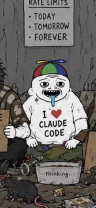 A cartoon image showing a disheveled character wearing a propeller hat and an "I ❤ CLAUDE CODE" shirt, drooling under a sign listing "RATE LIMITS: TODAY, TOMORROW, FOREVER," with a bowl labeled "...thinking..." and rats around.