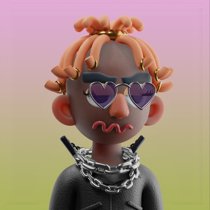 A 3D-rendered character with heart-shaped sunglasses, orange tentacle-like hair with gold rings, and chunky silver chains stands against a gradient pink and yellow background, serving as promotional artwork for the GTD NFT raffle giveaway.