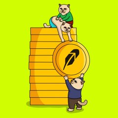 A digital illustration shows two cats building a tall stack of gold coins marked with the Robinhood logo on a bright green background, with one cat climbing the stack holding a coin and another pushing it up from below. The image visually represents "proof of work" and the $CASHCAT token's contribution to the Robinhood ecosystem, aligning with the meme contest entry.
