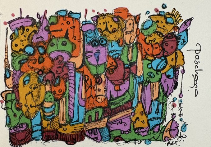 A colorful, abstract ink and marker drawing featuring densely packed cartoon-like figures and faces in vibrant hues, with signature text on the right side.