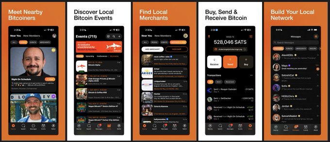 Five promotional screenshots of a Bitcoin meetup mobile app, highlighting features like 'Meet Nearby Bitcoiners', 'Discover Local Bitcoin Events', 'Find Local Merchants', 'Buy, Send & Receive Bitcoin', and 'Build Your Local Network'.