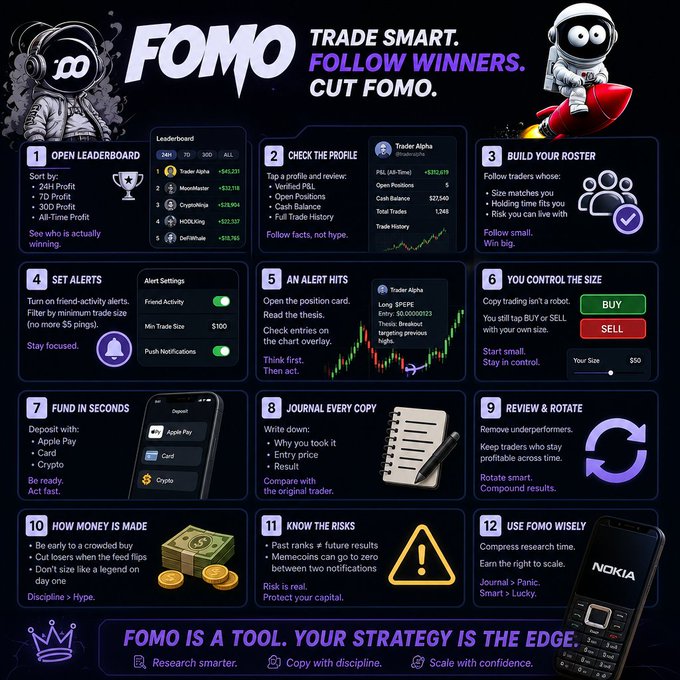 An infographic titled 'FOMO: TRADE SMART. FOLLOW WINNERS. CUT FOMO.' providing a 12-step guide on how to use copy trading, featuring illustrations of astronauts, a Nokia phone, and trading charts.