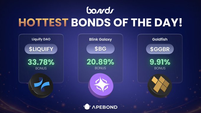 A promotional graphic for "bonds" titled "HOTTEST BONDS OF THE DAY!" listing Liquify DAO ($LIQUIFY at 33.78%), Blink Galaxy ($BG at 20.89%), and Goldfish ($GGBR at 9.91%) by ApeBond.