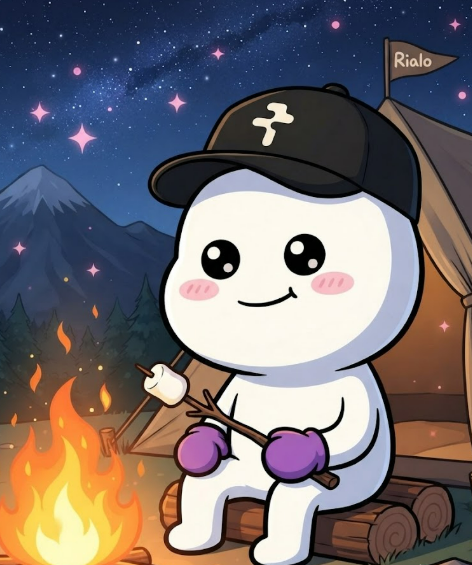 A cartoon white ghost-like character wearing a black cap with a bone symbol roasts marshmallows over a campfire next to a tent with a "Rialo" flag under a starry night sky.