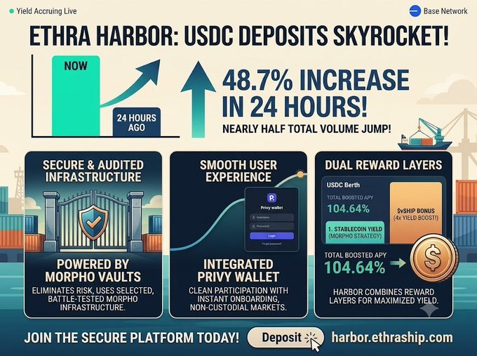 A promotional graphic advertises 'ETHRA HARBOR: USDC DEPOSITS SKYROCKET!' featuring '48.7% INCREASE IN 24 HOURS!' and sections for 'SECURE & AUDITED INFRASTRUCTURE', 'SMOOTH USER EXPERIENCE', and 'DUAL REWARD LAYERS' showing a '104.64%' APY, with a 'Deposit' button linking to 'harbor.ethraship.com'.