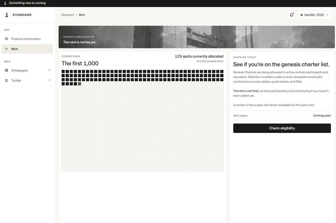 A webpage showing the Genesis Bank Charter mint allocation status for wallet 0xcf30...7232, displaying 'The first 1,000' with 125 spots allocated out of 1,000 possible mints and a 'Check eligibility' button with mint status 'Coming soon'.
