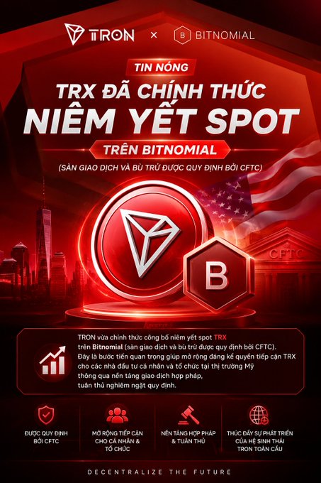 The image features an advertisement for a cryptocurrency called "TRON" with a red background, white text, and logos of the company and the exchange where TRX is listed. The advertisement also includes information about the listing process and its significance.
