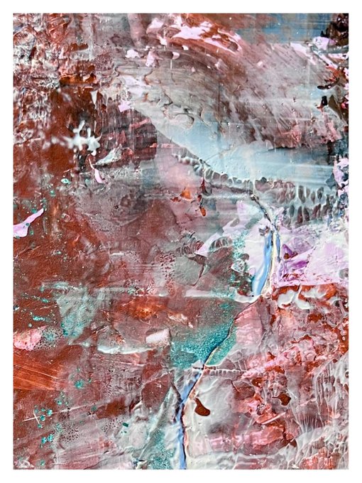 An abstract painting featuring layered textures in reddish-brown, pink, teal, and blue tones with drip and scrape techniques.
